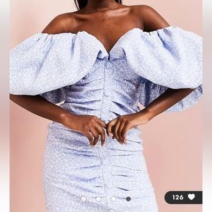 ASOS LUXE bubble bardot jacquard mini dress in blue ditsy floral